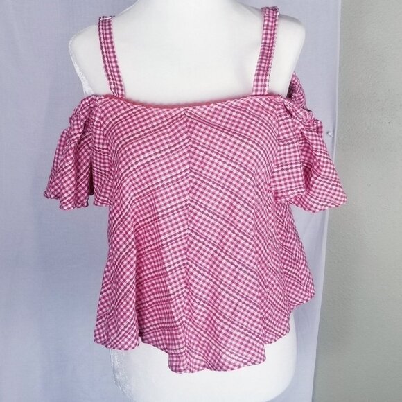 Walter Baker Riley Cold Shoulder Gingham crop top Red Plaid Off the Shoulder Med - Picture 2 of 8